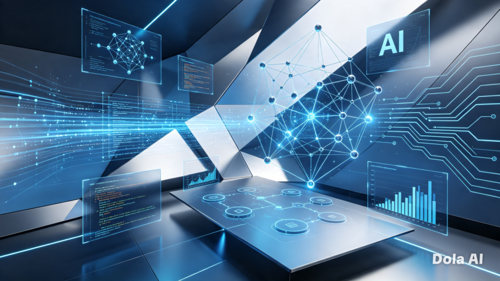 Futuristic blue data network with glowing nodes and holographic screens displaying code and charts; AI concept.