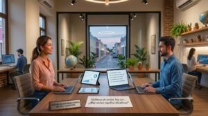 Two coworkers sit across from each other at a wooden table in a bright, modern coworking space, laptops open and charts visible on tablets.
