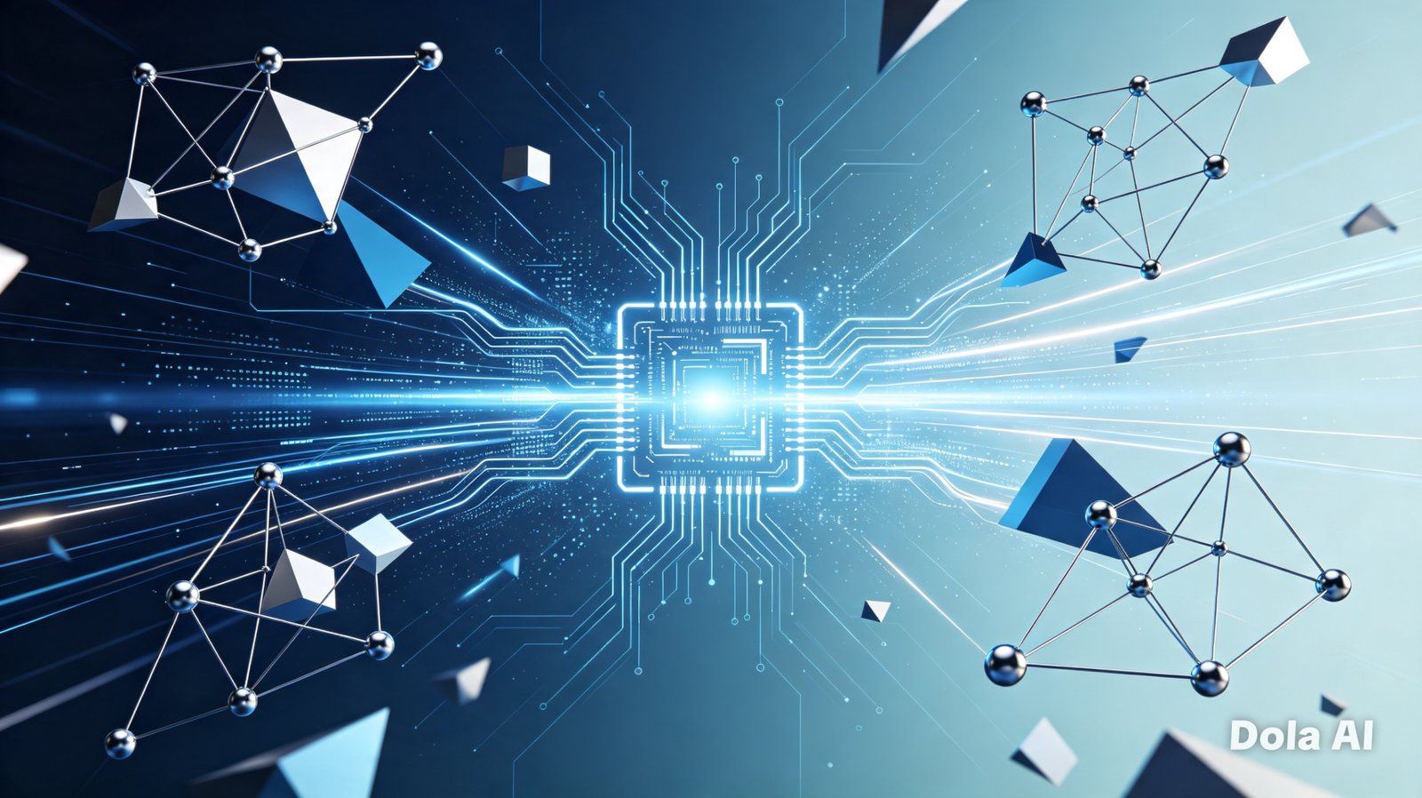 Abstract sci‑tech background with interconnected geometric shapes and glowing circuit lines representing AI networks