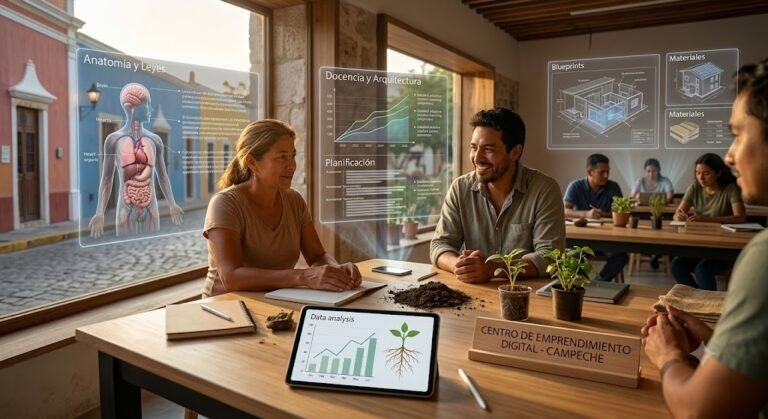 Group of people at a wooden table in a bright room, interacting with translucent holographic screens showing anatomy, planning charts, and blueprints.