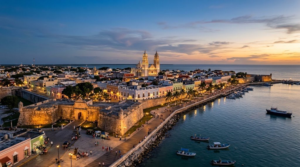 Vista aérea del centro histórico y el malecón de San Francisco de Campeche al atardecer