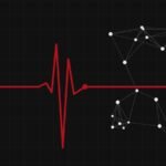 Línea de ritmo cardiaco en rojo que se conecta con una red de nodos, ilustración sobre la inteligencia artificial en la salud