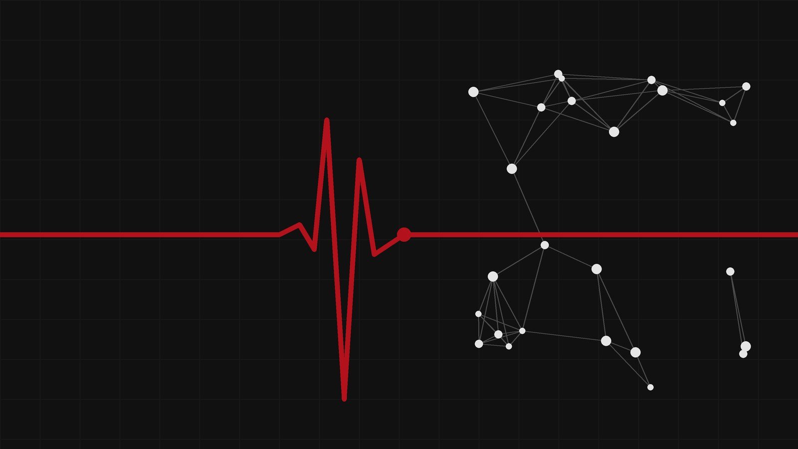 Línea de ritmo cardiaco en rojo que se conecta con una red de nodos, ilustración sobre la inteligencia artificial en la salud